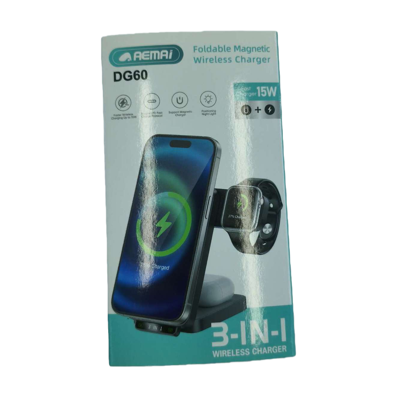 The AEAI DG60 folding magnetic wireless charger packaging box is a multi-scenario suitable display box for charging mobile phones, watches and headphones Item Picture