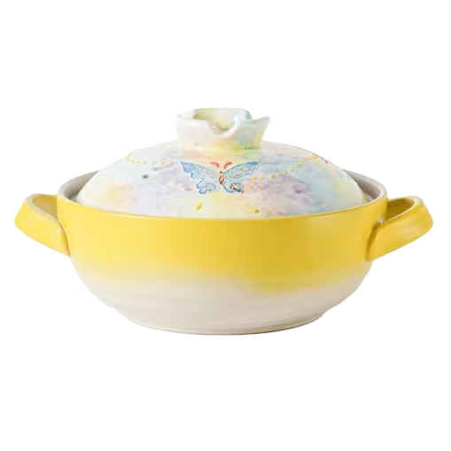 Painted butterfly ceramic stew pot, yellow gradient multi-functional soup pot with lid, household kitchenware Item Picture