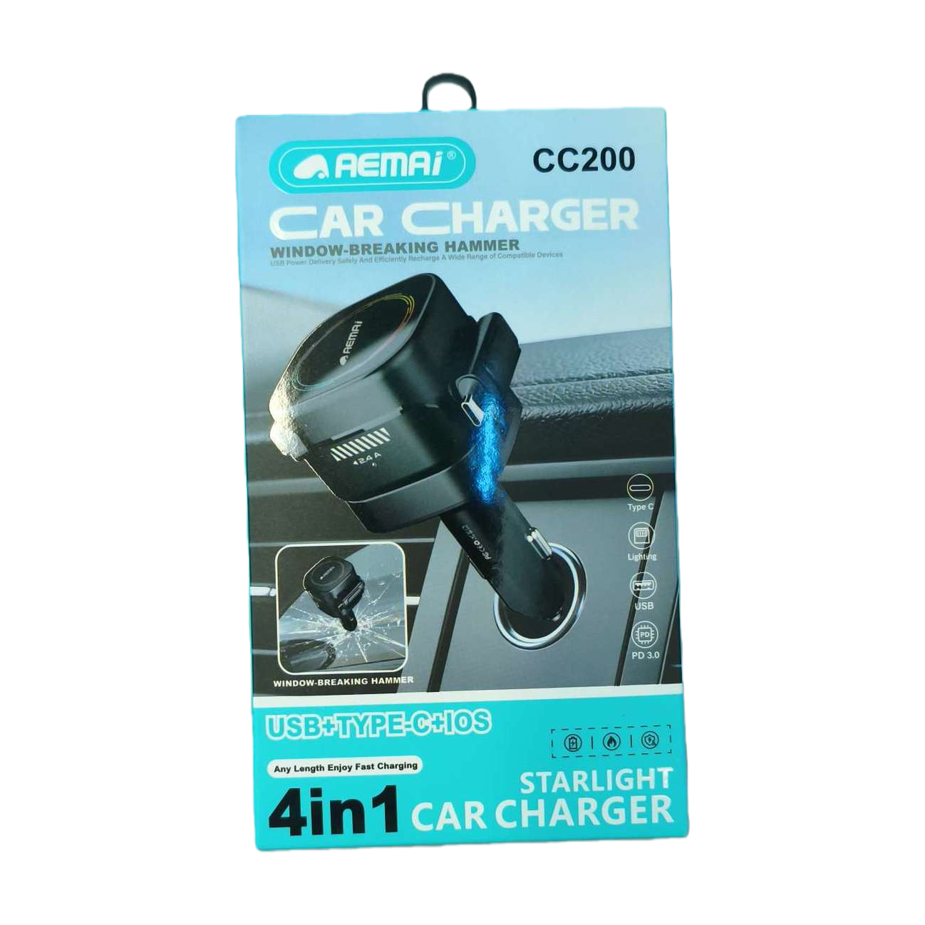 The multi-functional car charger in blue and white packaging is a portable fast-charging car mobile phone charger that is compatible with multiple car models Item Picture