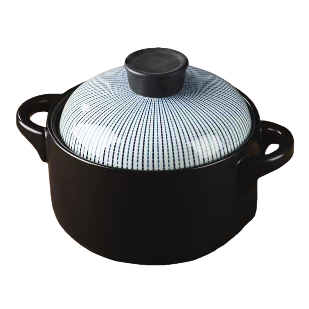 Black ceramic cookware with blue and white striped LIDS, heat-resistant and durable, suitable for home kitchen stewing, soup pot and stir-frying Item Picture