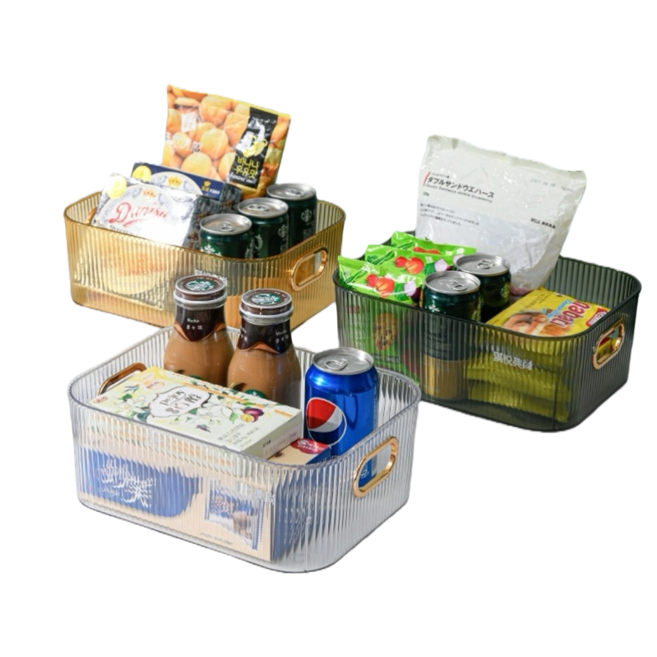 The transparent striped storage basket multi-functional organizing box is suitable for storing beverages and snacks. It is a household plastic storage basket Item Picture