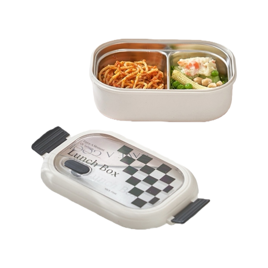 The white stainless steel insulated lunch box with a transparent lid and a checkerboard design contains a portable pasta and salad box Item Picture