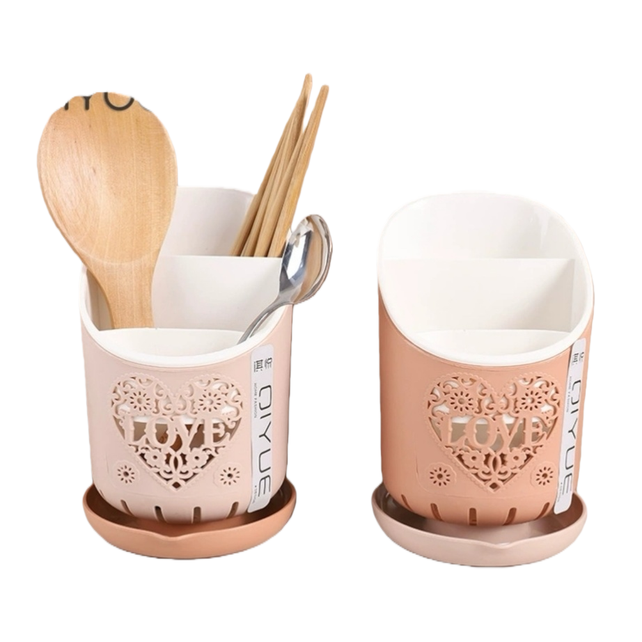 Pink heart-shaped hollowed-out storage box with base, drainage, wooden spoons, chopsticks, metal spoons and kitchenware storage and organization box Item Picture