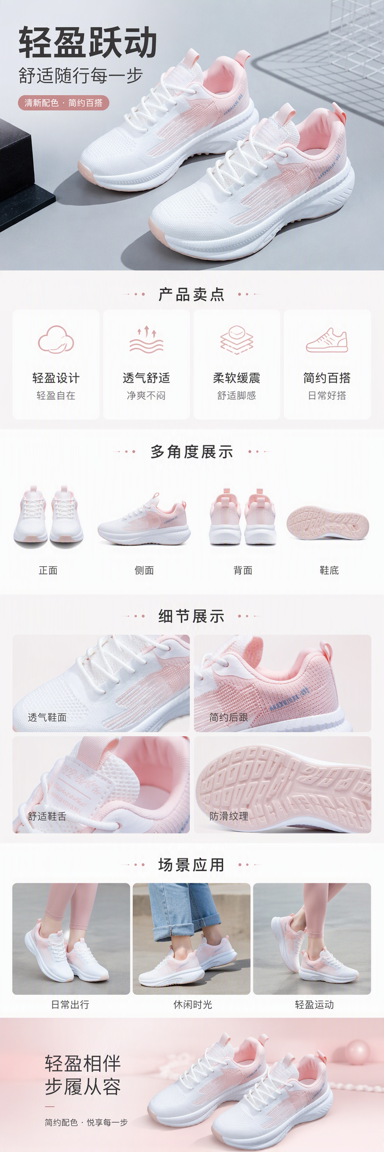 时尚休闲白粉色运动鞋轻便透气跑步鞋女男款运动休闲鞋子潮流款式详情1