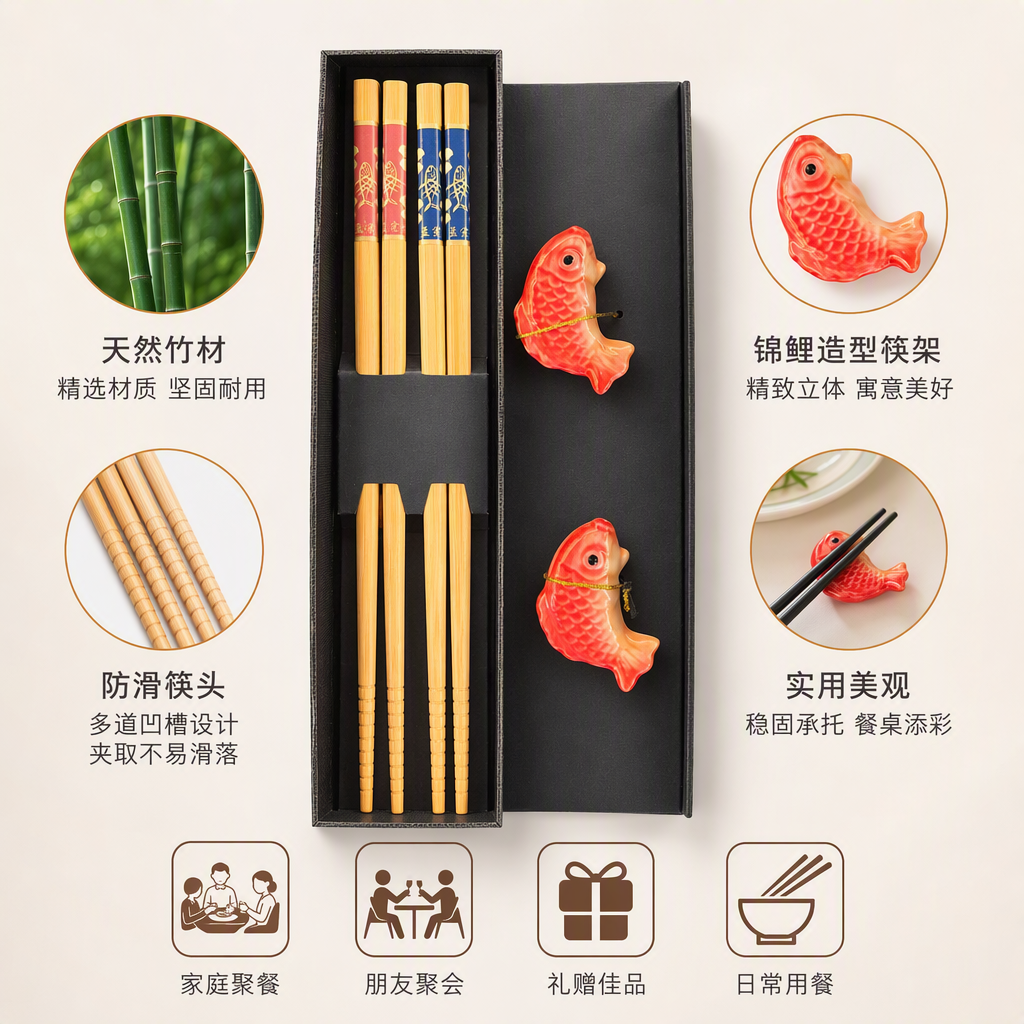 A high-end black gift box with bamboo chopsticks and a red fish-shaped chopstick rest, a practical tableware set, is an excellent gift