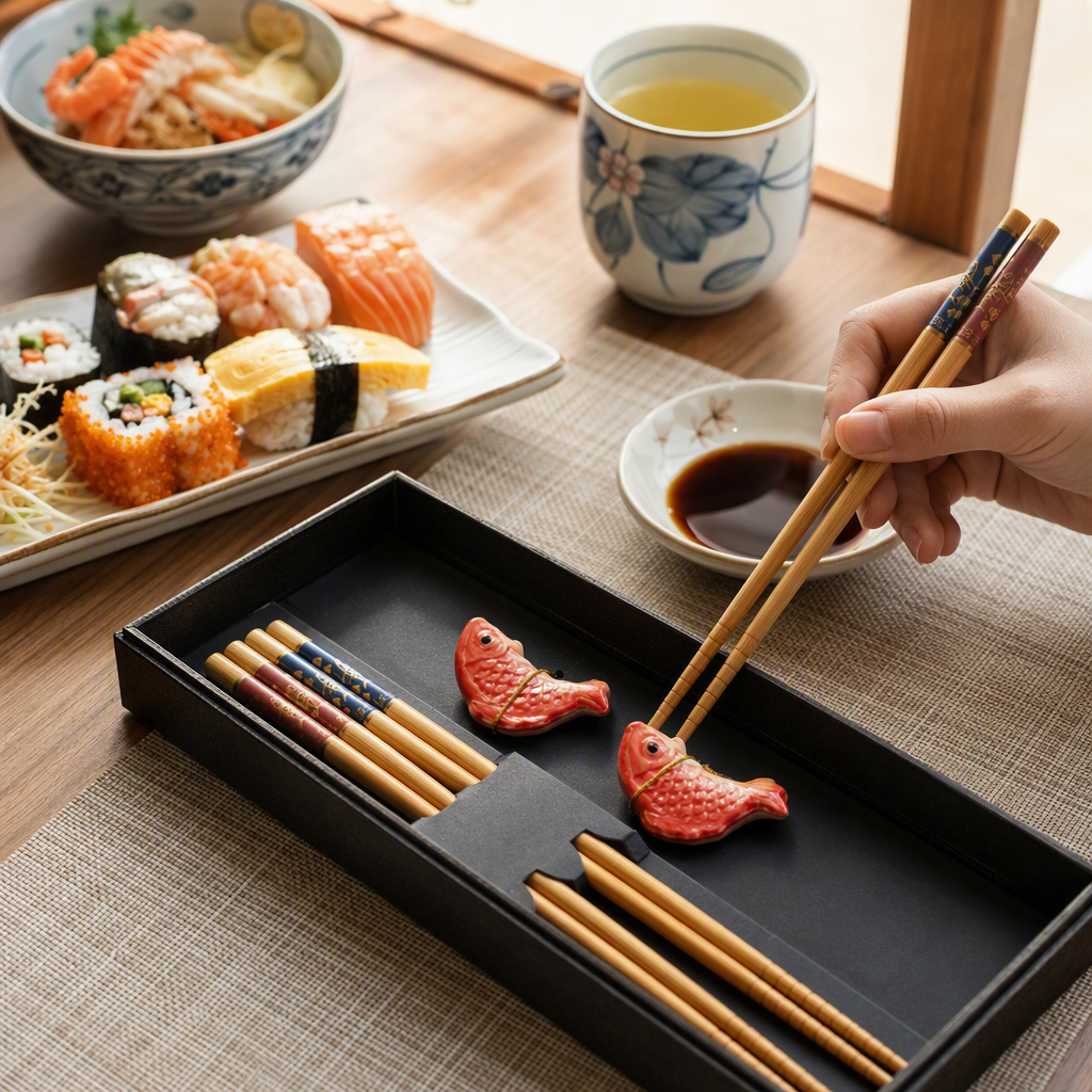 A high-end black gift box with bamboo chopsticks and a red fish-shaped chopstick rest, a practical tableware set, is an excellent gift details Picture