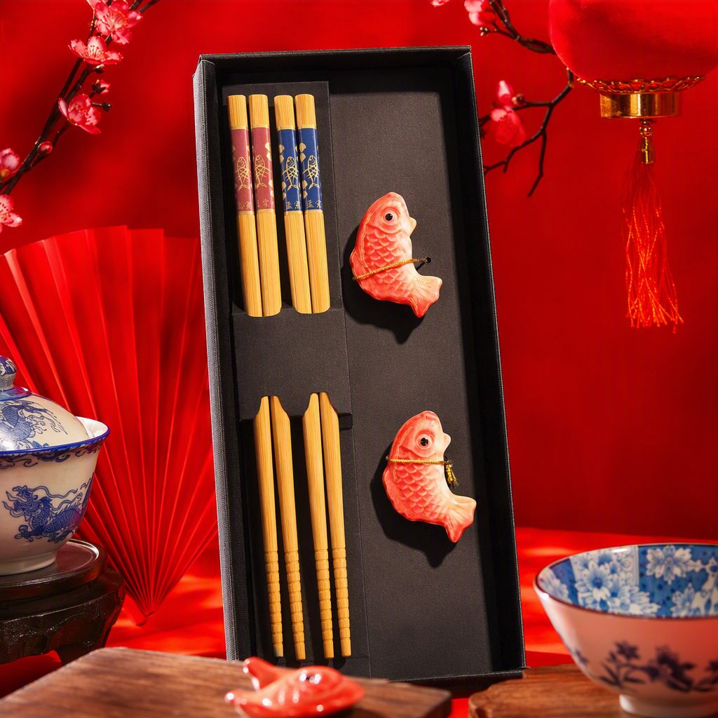 A high-end black gift box with bamboo chopsticks and a red fish-shaped chopstick rest, a practical tableware set, is an excellent gift Specification image