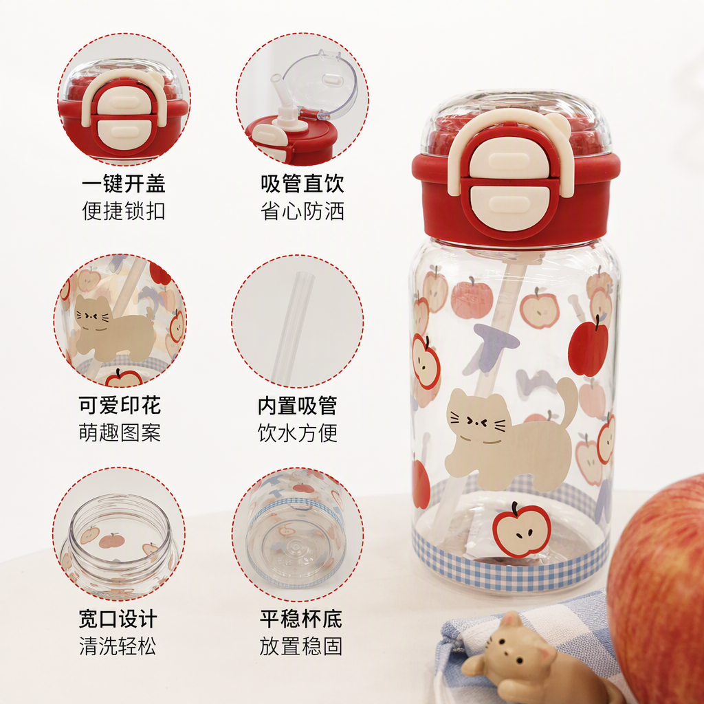 Creative transparent water cup with apple cat pattern, fashionable and heat-resistant drinking cup, student trend, personalized and trendy product