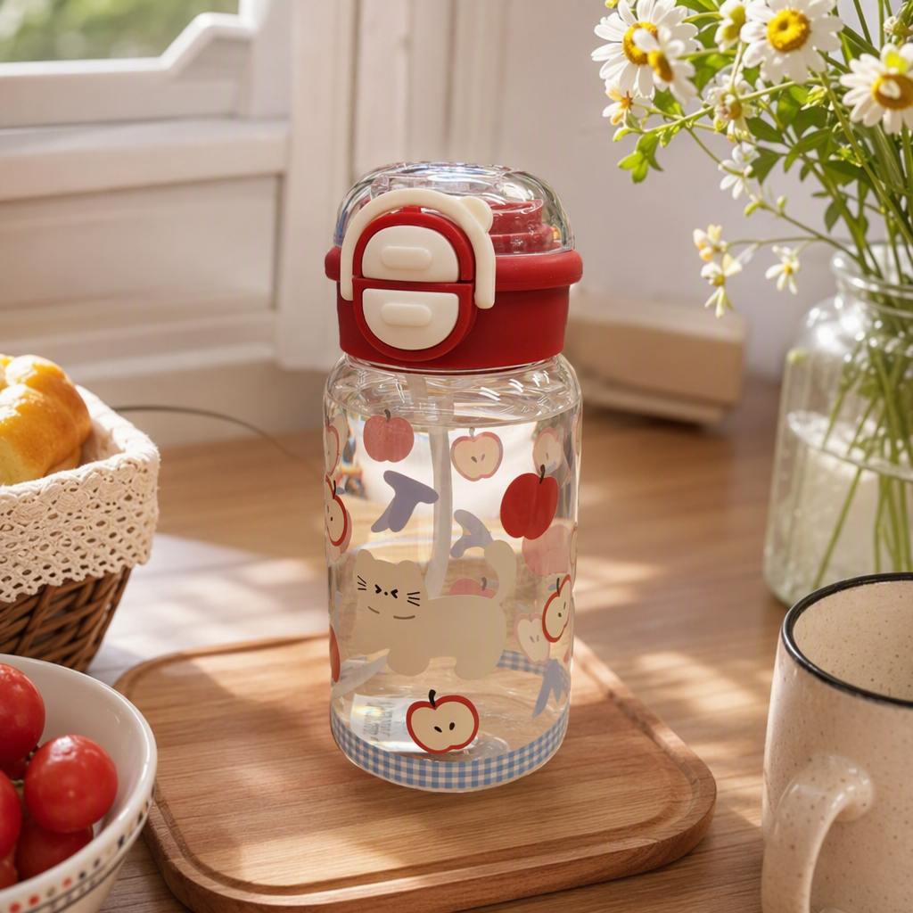 Creative transparent water cup with apple cat pattern, fashionable and heat-resistant drinking cup, student trend, personalized and trendy product details Picture