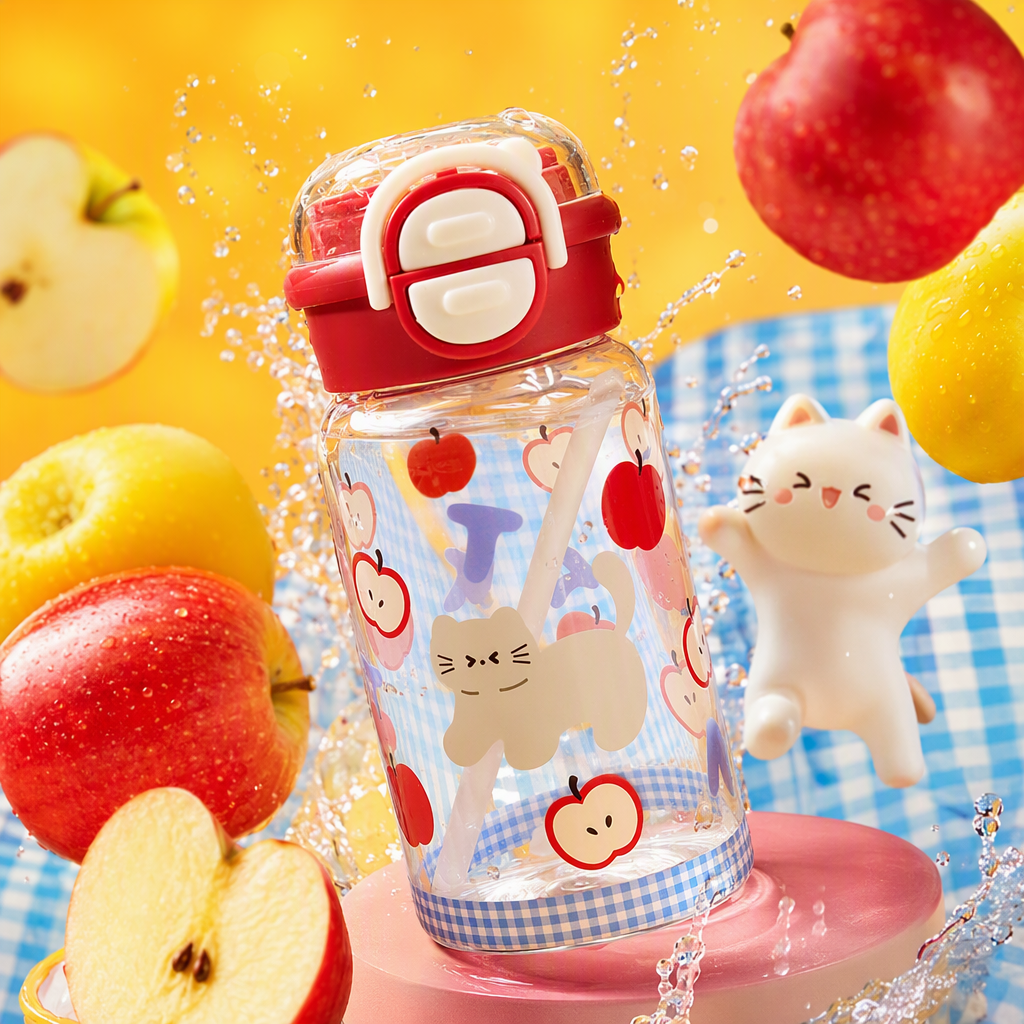 Creative transparent water cup with apple cat pattern, fashionable and heat-resistant drinking cup, student trend, personalized and trendy product Specification image