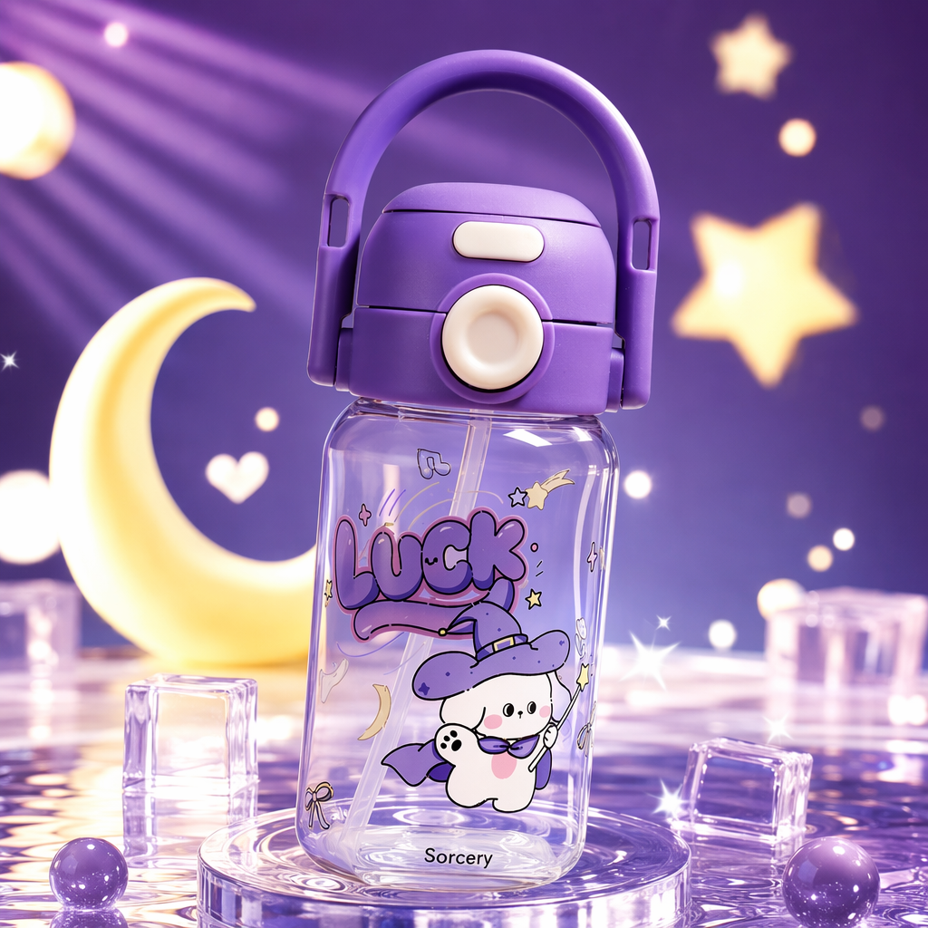 This purple handle water cup is printed with the word "Luck" and a pattern of a wizard puppy. It is a heat-resistant, leak-proof, portable student and adult water bottle Specification image