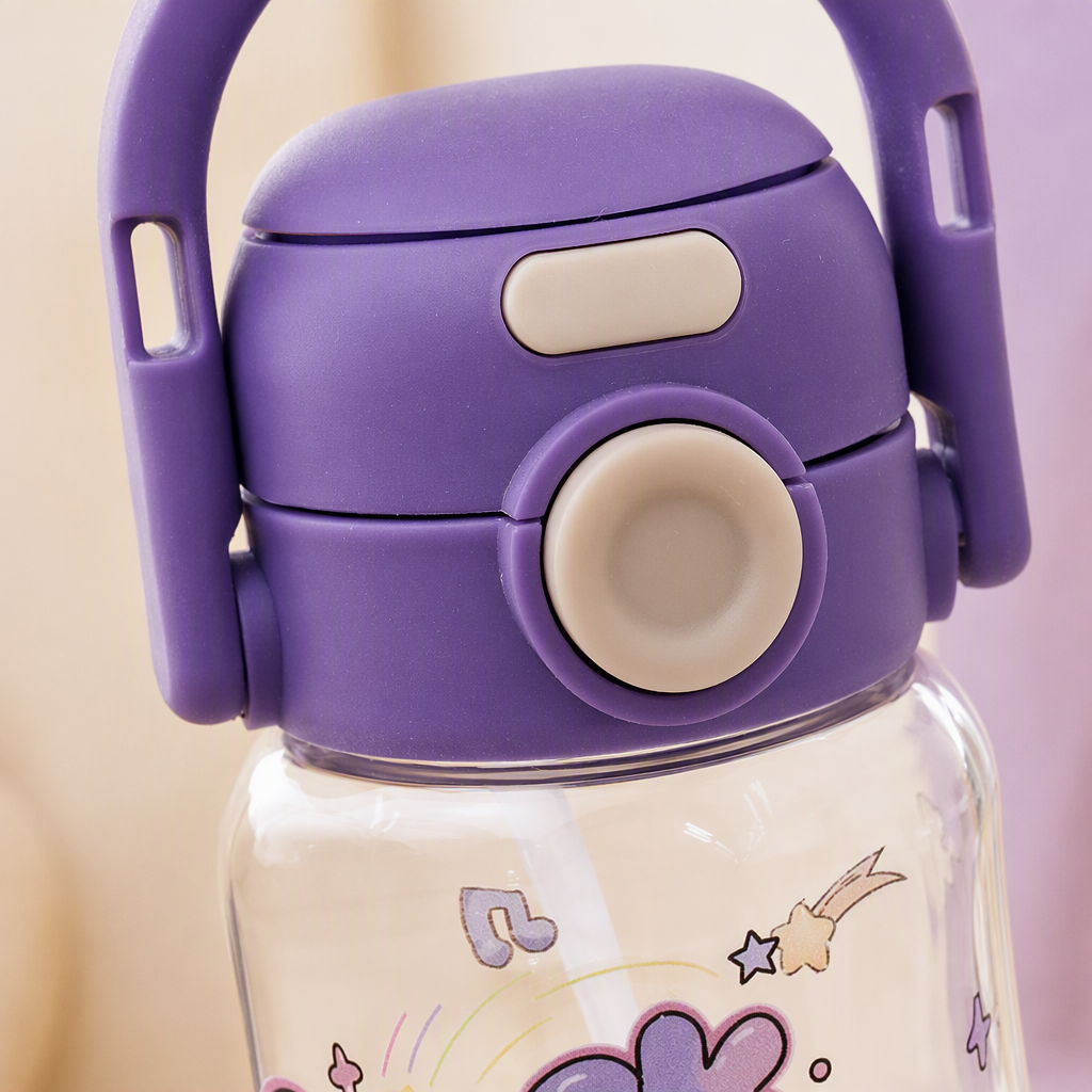 This purple handle water cup is printed with the word "Luck" and a pattern of a wizard puppy. It is a heat-resistant, leak-proof, portable student and adult water bottle Application Scenario