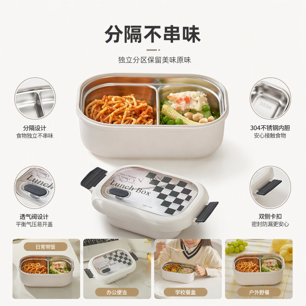The white stainless steel insulated lunch box with a transparent lid and a checkerboard design contains a portable pasta and salad box