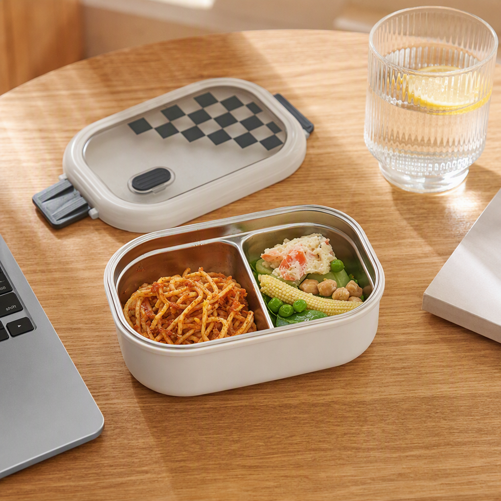 The white stainless steel insulated lunch box with a transparent lid and a checkerboard design contains a portable pasta and salad box details Picture