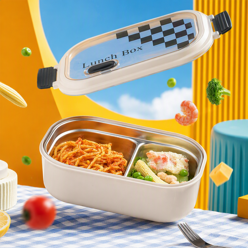 The white stainless steel insulated lunch box with a transparent lid and a checkerboard design contains a portable pasta and salad box Specification image