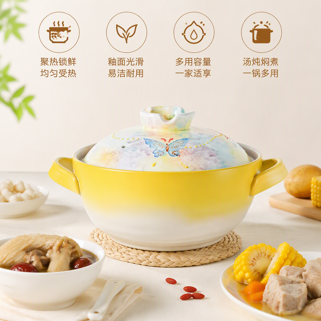 Painted butterfly ceramic stew pot, yellow gradient multi-functional soup pot with lid, household kitchenware