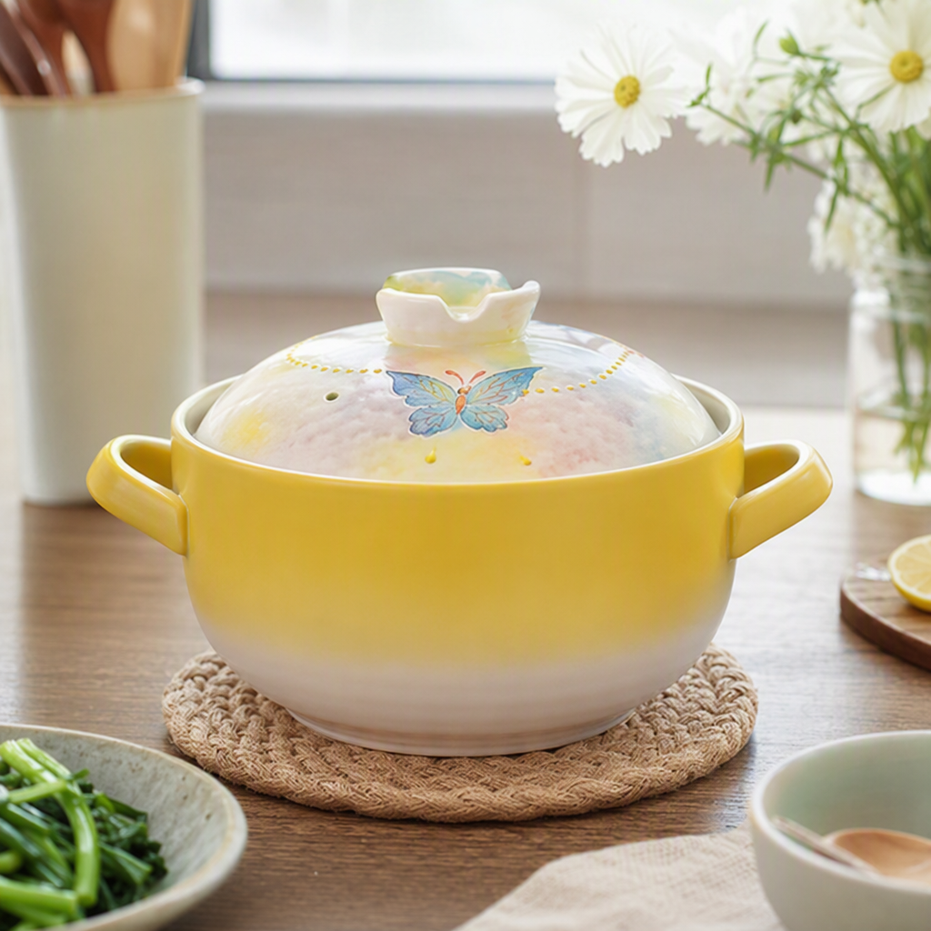Painted butterfly ceramic stew pot, yellow gradient multi-functional soup pot with lid, household kitchenware details Picture