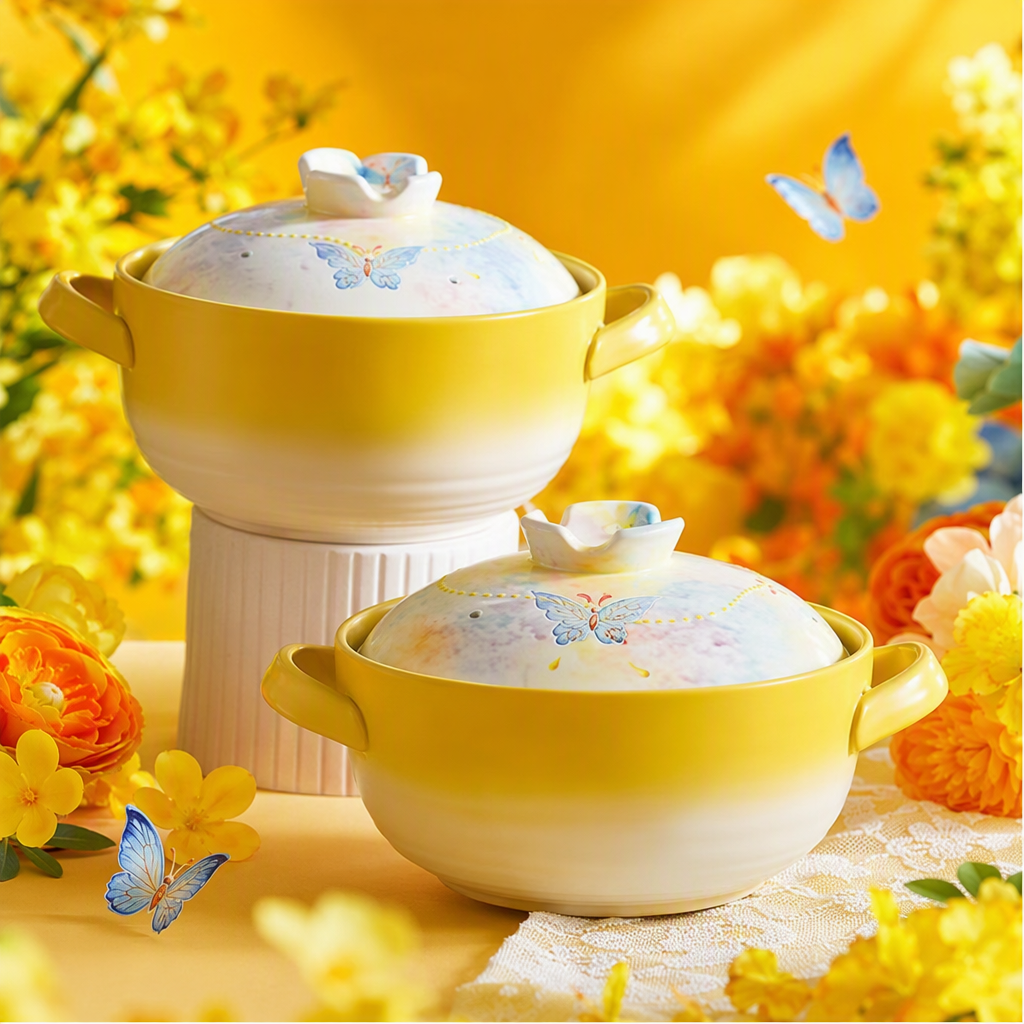 Painted butterfly ceramic stew pot, yellow gradient multi-functional soup pot with lid, household kitchenware Specification image