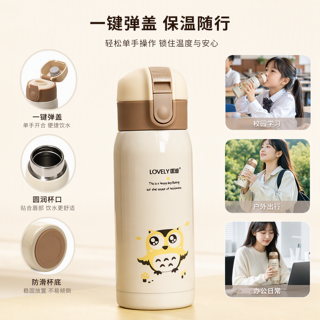 Arroz blanco taza térmica búho patrón LOVELY converdi palabras moda térmica jarra estudiante portátil caliente jarra regalo