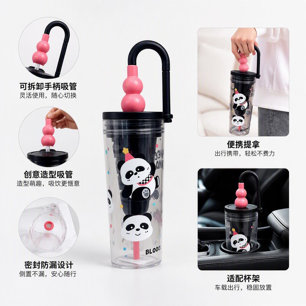 Creative colorful cartoon water cups for children and students, portable leak-proof water bottles with straws, cartoon-shaped water bottles for summer new products