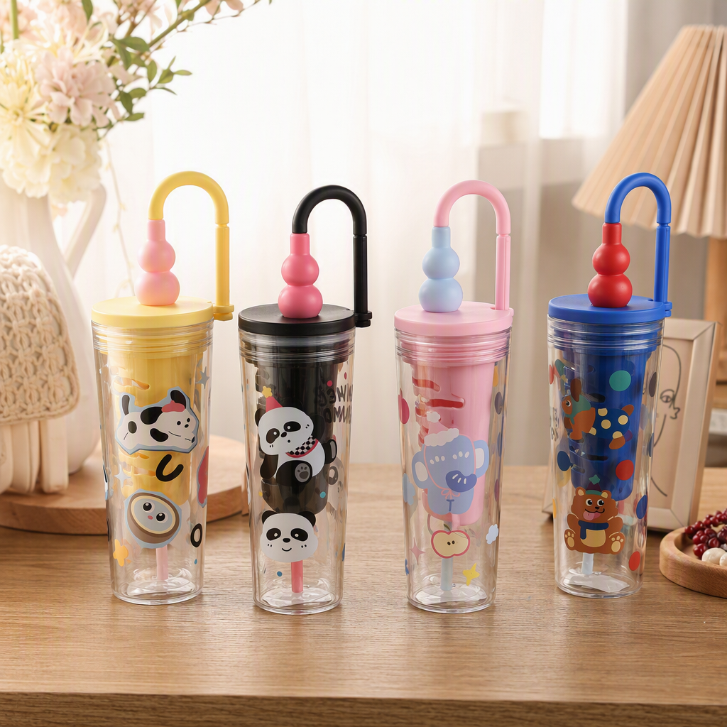 Creative colorful cartoon water cups for children and students, portable leak-proof water bottles with straws, cartoon-shaped water bottles for summer new products details Picture