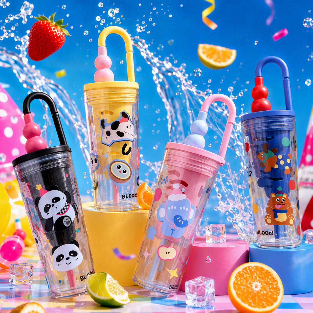 Creative colorful cartoon water cups for children and students, portable leak-proof water bottles with straws, cartoon-shaped water bottles for summer new products Specification image