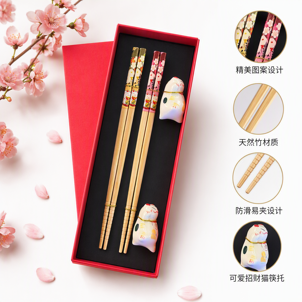 Cherry blossom Maneki Neko themed bamboo chopstick set, double gift box set, cute and creative tableware, home supplies gift given away