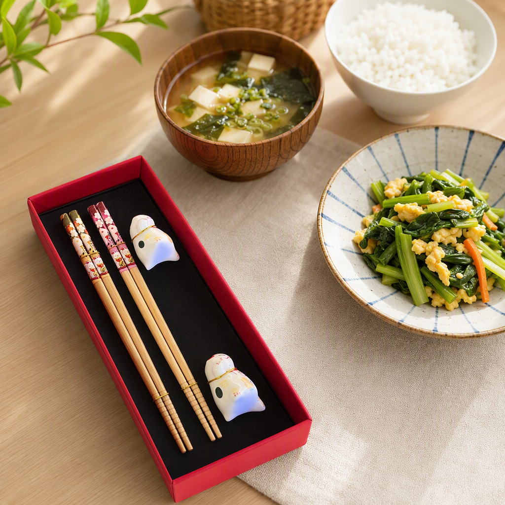 Cherry blossom Maneki Neko themed bamboo chopstick set, double gift box set, cute and creative tableware, home supplies gift given away details Picture