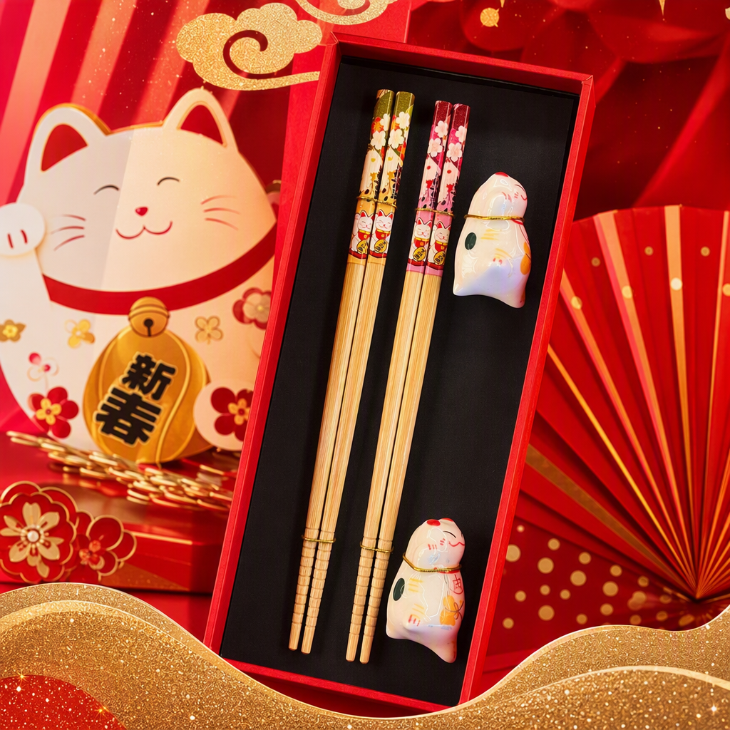 Cherry blossom Maneki Neko themed bamboo chopstick set, double gift box set, cute and creative tableware, home supplies gift given away Specification image