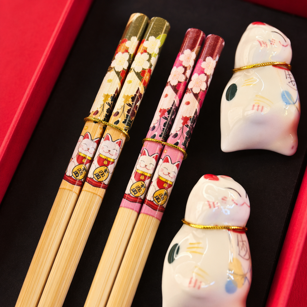 Cherry blossom Maneki Neko themed bamboo chopstick set, double gift box set, cute and creative tableware, home supplies gift given away Application Scenario