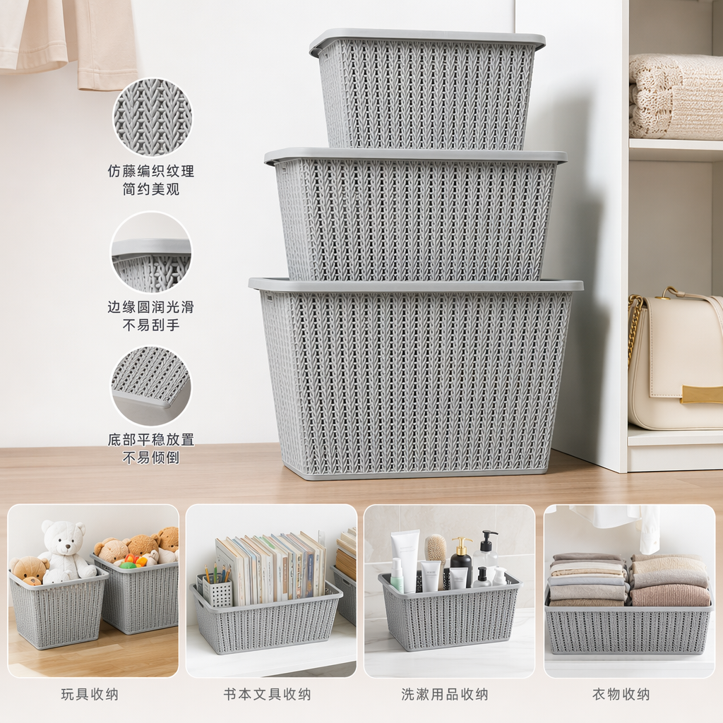 Multi-functional grey woven texture storage basket, home organizing storage basket, miscellaneous storage box, simple storage box
