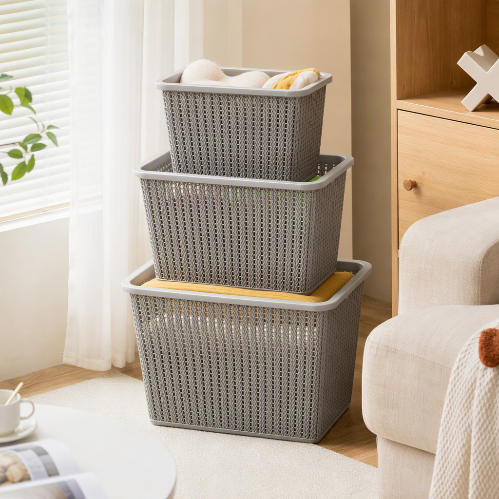 Multi-functional grey woven texture storage basket, home organizing storage basket, miscellaneous storage box, simple storage box details Picture