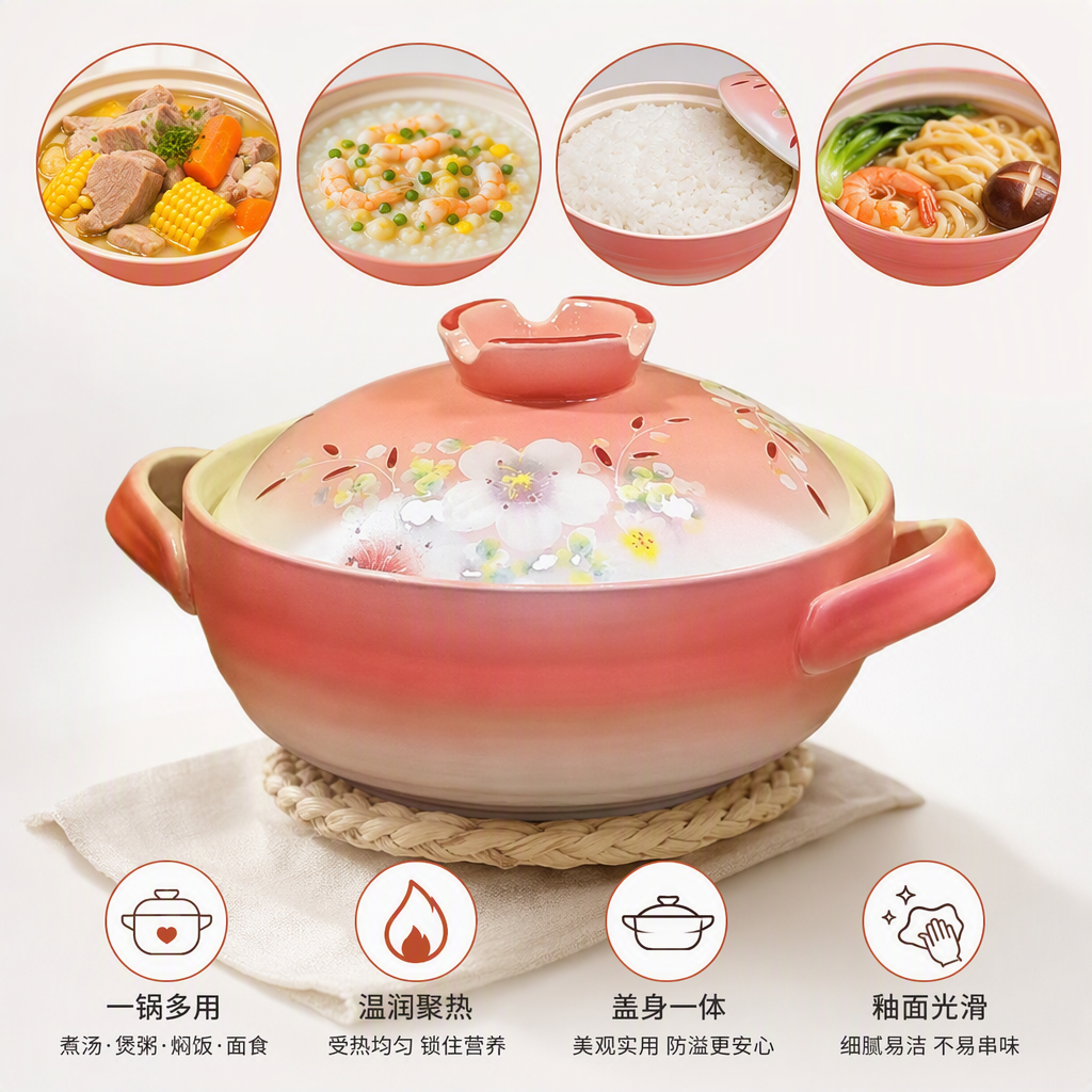 Pink ceramic stew pot, a household multi-functional soup pot, a heat-resistant and durable earthenware for making soup, and a kitchen stewing vessel