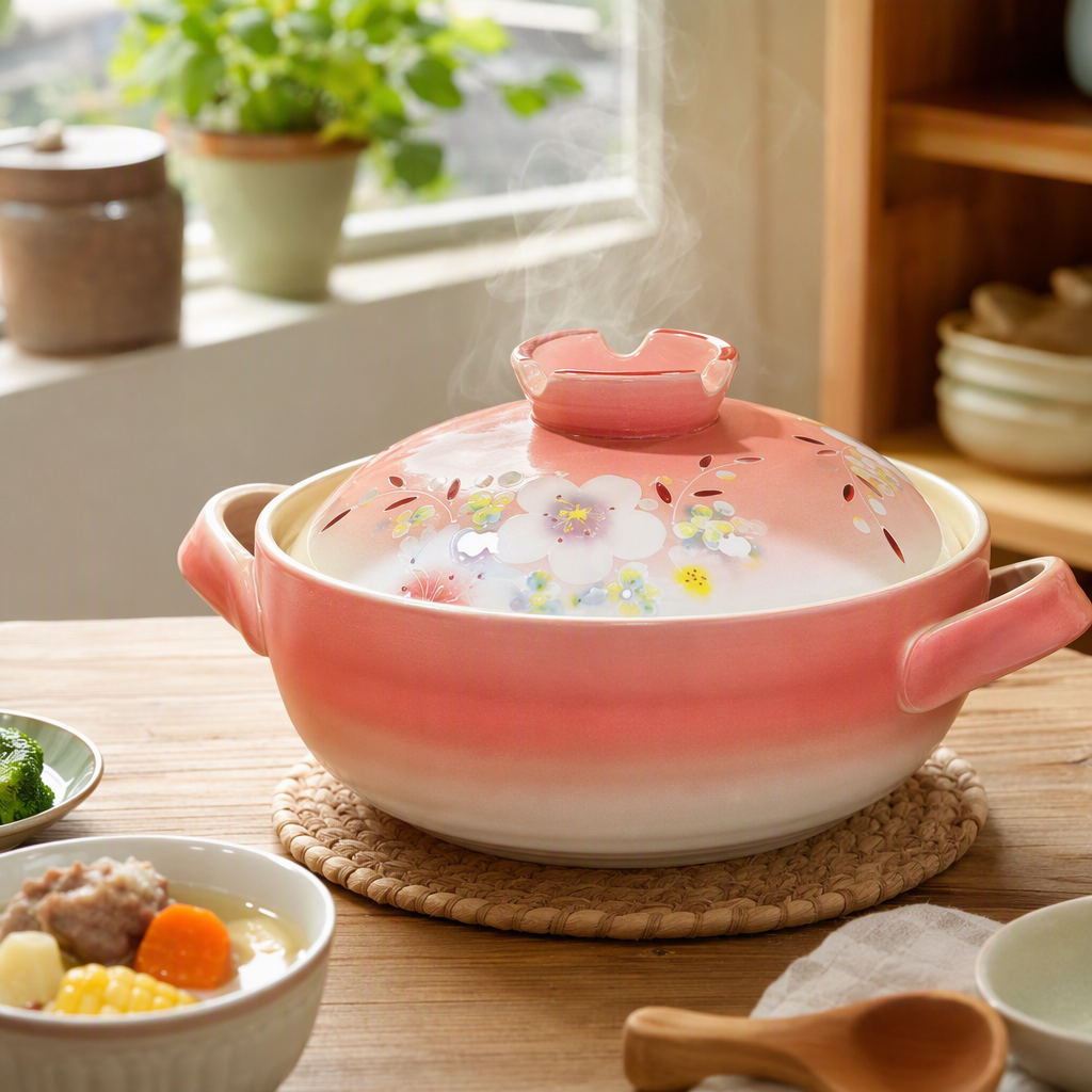 Pink ceramic stew pot, a household multi-functional soup pot, a heat-resistant and durable earthenware for making soup, and a kitchen stewing vessel details Picture