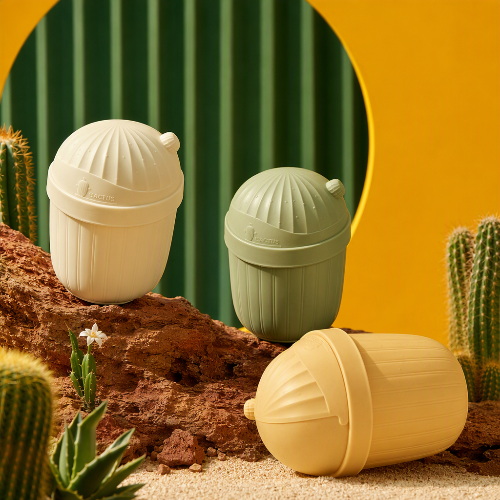 The creative three-color cactus flip lid trash can is green, off-white and light yellow. It is environmentally friendly and practical for home storage, placed on a checkered tablecloth Specification image