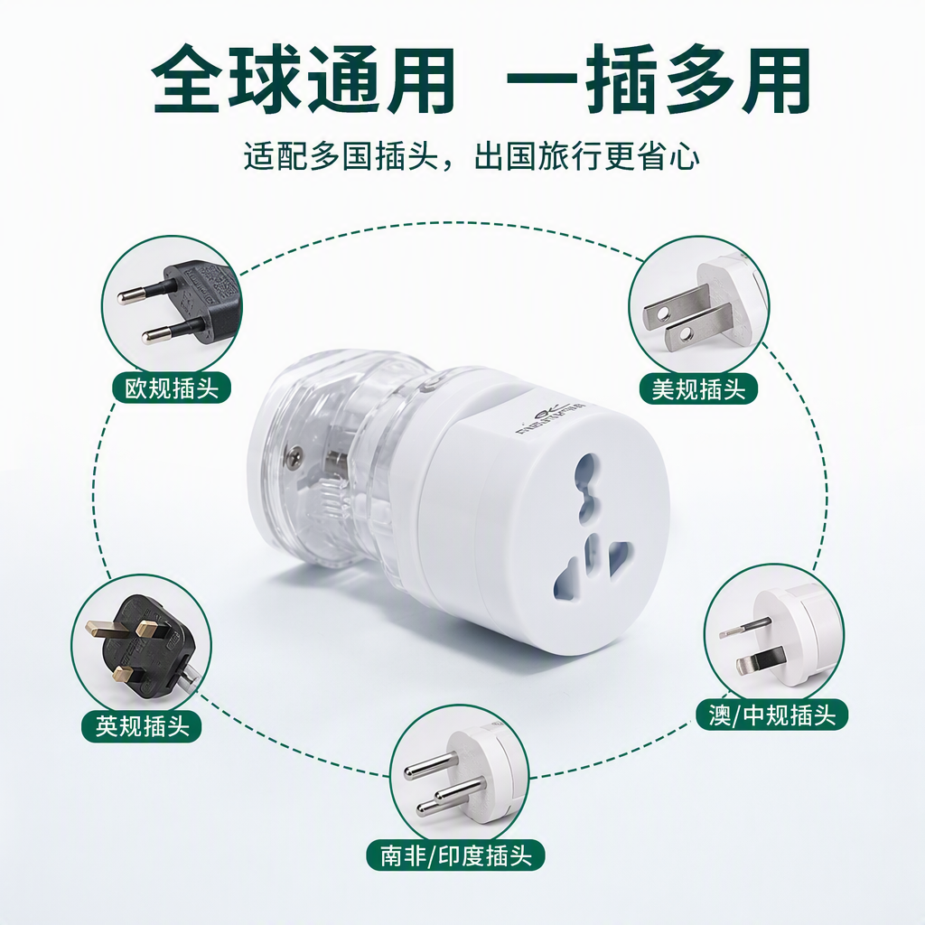 Multi-functional travel adapter plug, green packaging, portable universal socket adapter, essential for travel