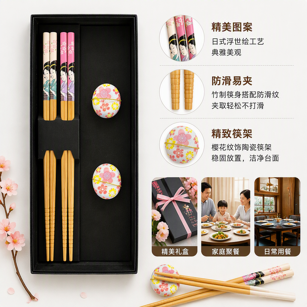 High-end black gift box bamboo chopstick set, cherry blossom chopstick rest, Japanese-style tableware gift