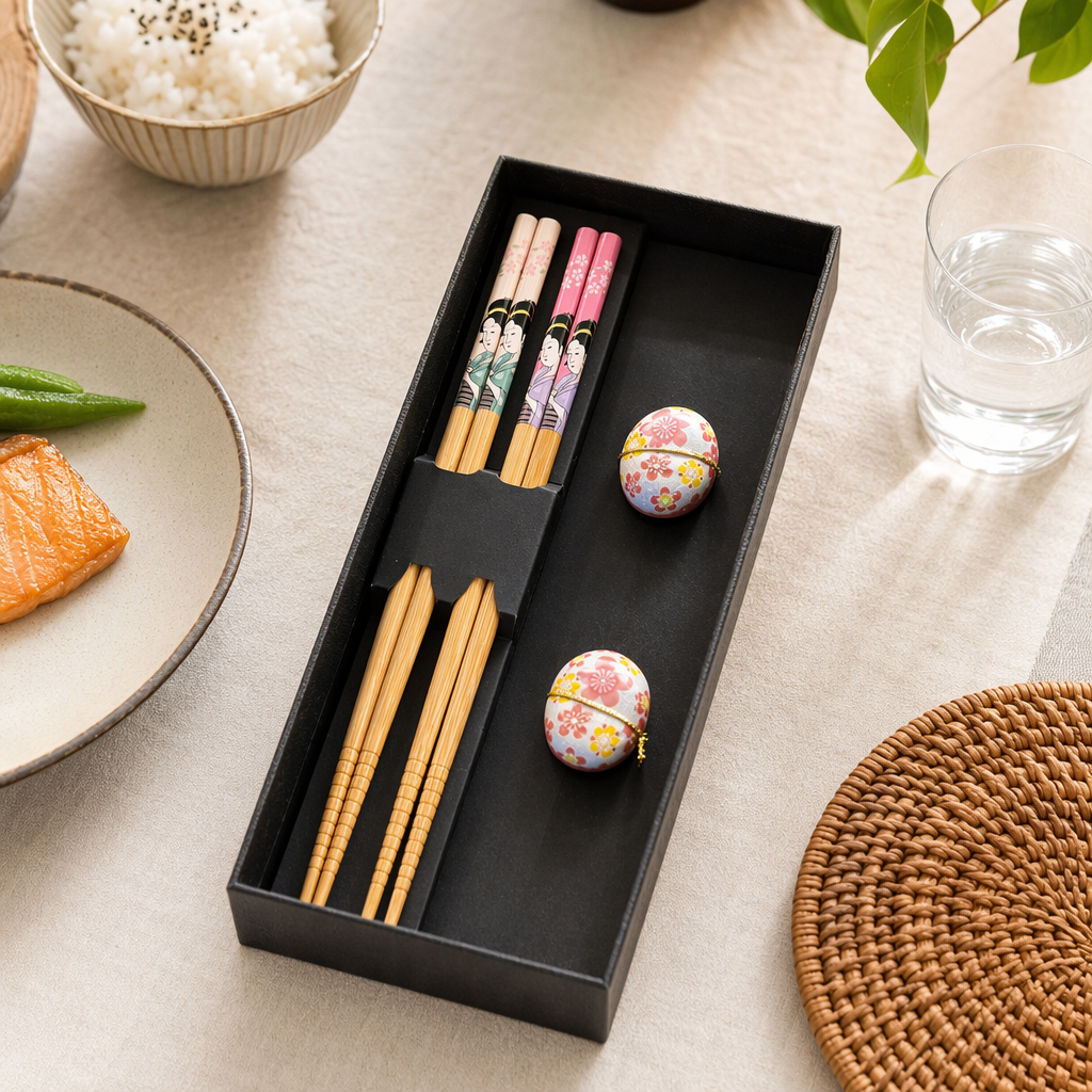 High-end black gift box bamboo chopstick set, cherry blossom chopstick rest, Japanese-style tableware gift details Picture