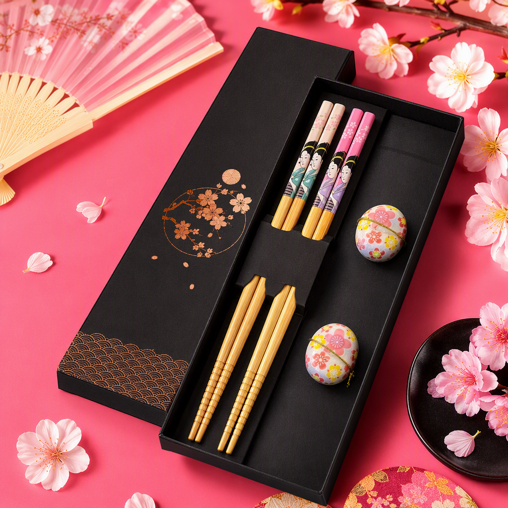 High-end black gift box bamboo chopstick set, cherry blossom chopstick rest, Japanese-style tableware gift Specification image