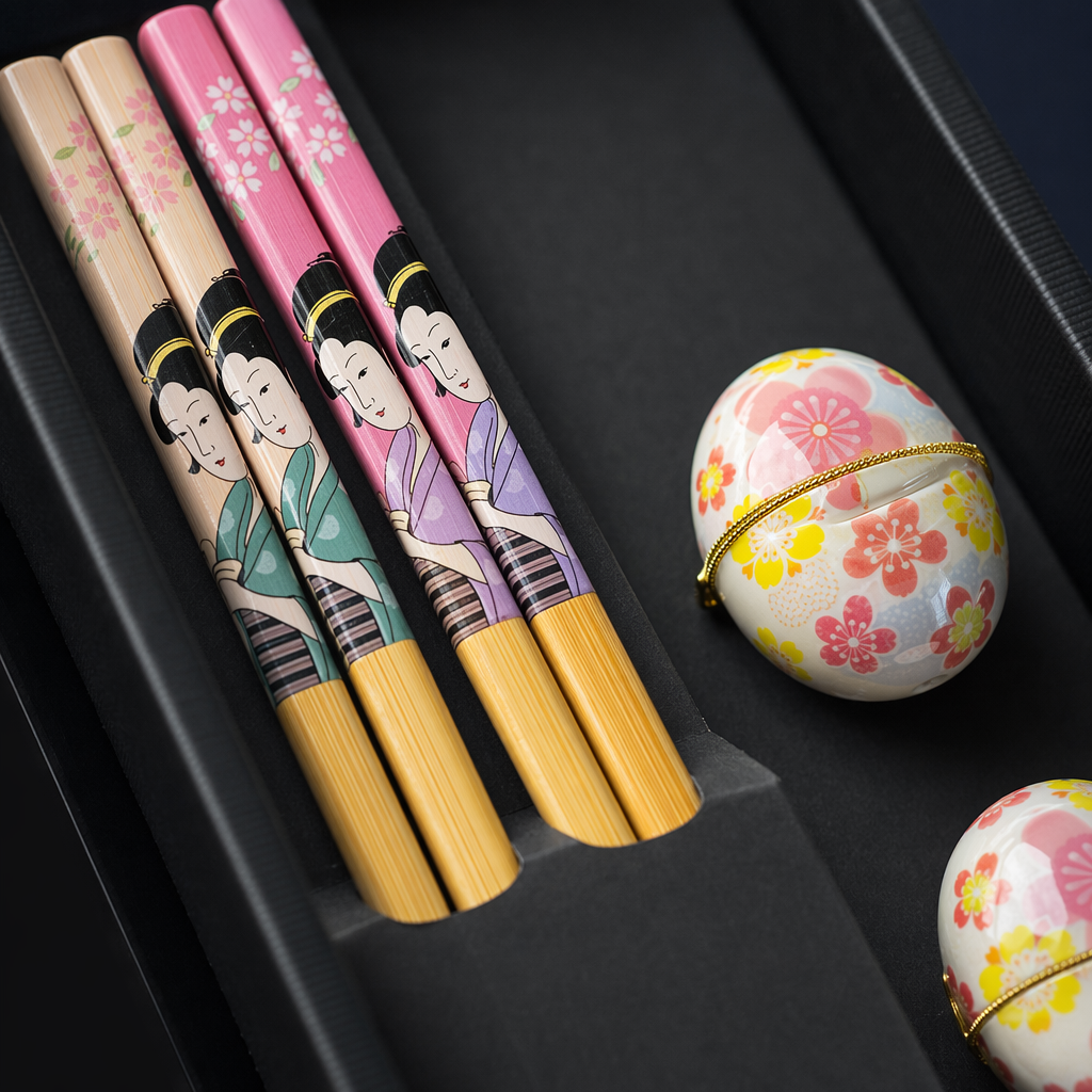High-end black gift box bamboo chopstick set, cherry blossom chopstick rest, Japanese-style tableware gift Application Scenario