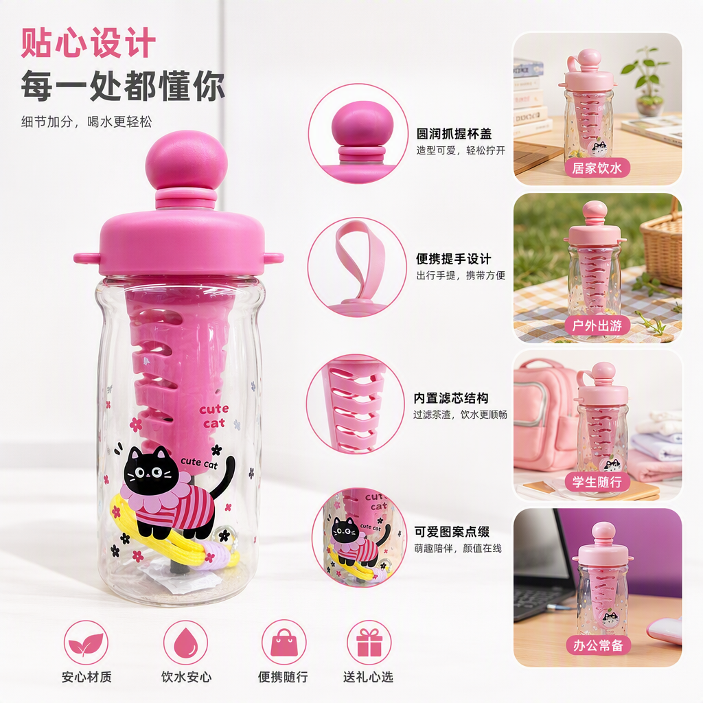 Creative and colorful cartoon pattern water cups, children's portable leak-proof water bottles with straws, summer new products for students