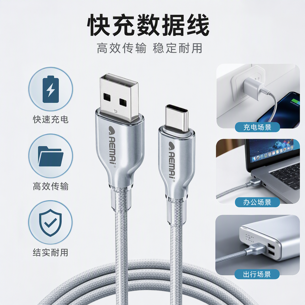 The high-strength silver braided charging cable supports fast charging and durable mobile phone data transmission