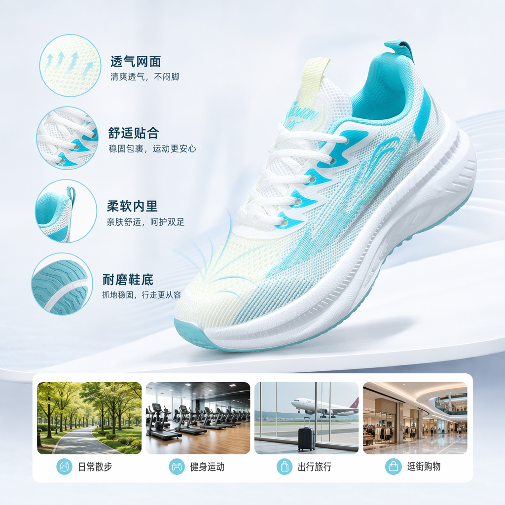 时尚休闲运动鞋浅蓝白拼接透气轻便跑步鞋男女款潮流款式