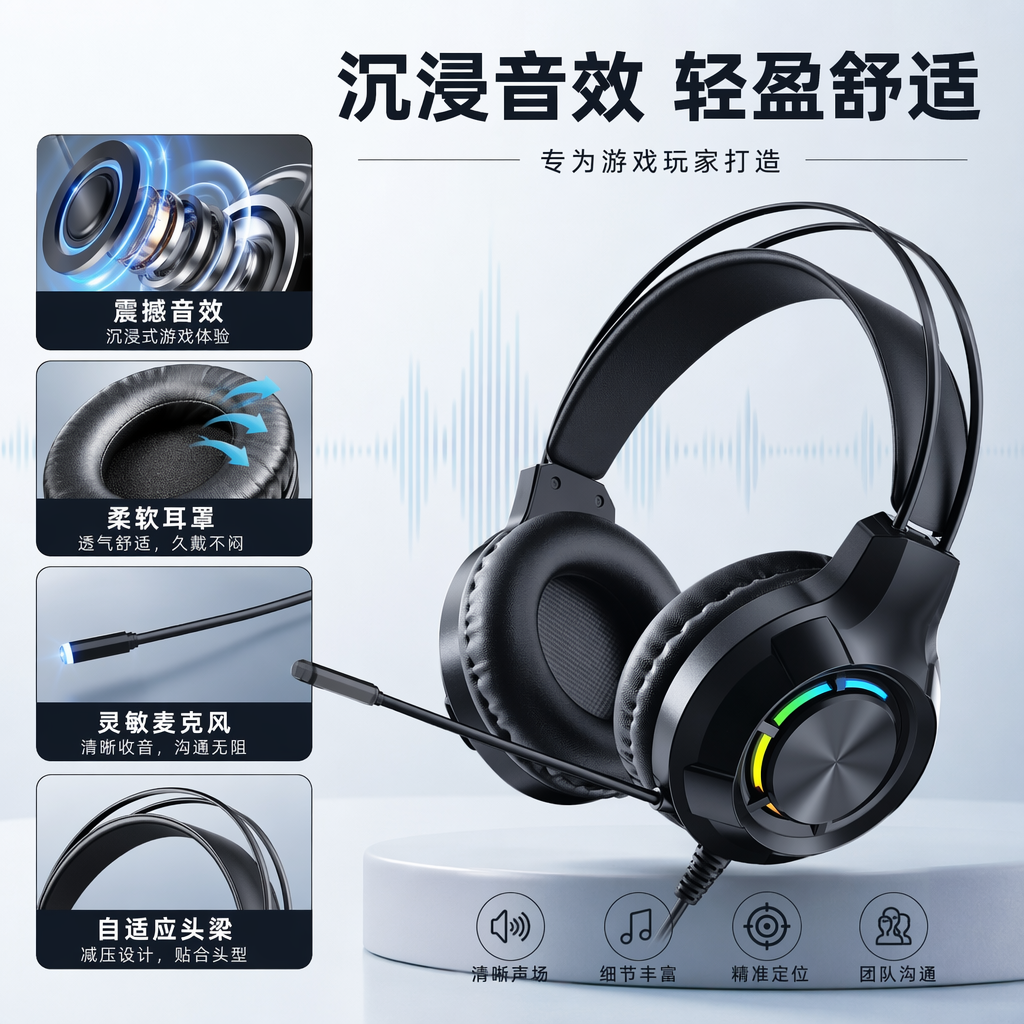 Professional e-sports over-ear wireless noise-cancelling headphones, black gaming headphones with microphone, long battery life, comfortable to wear