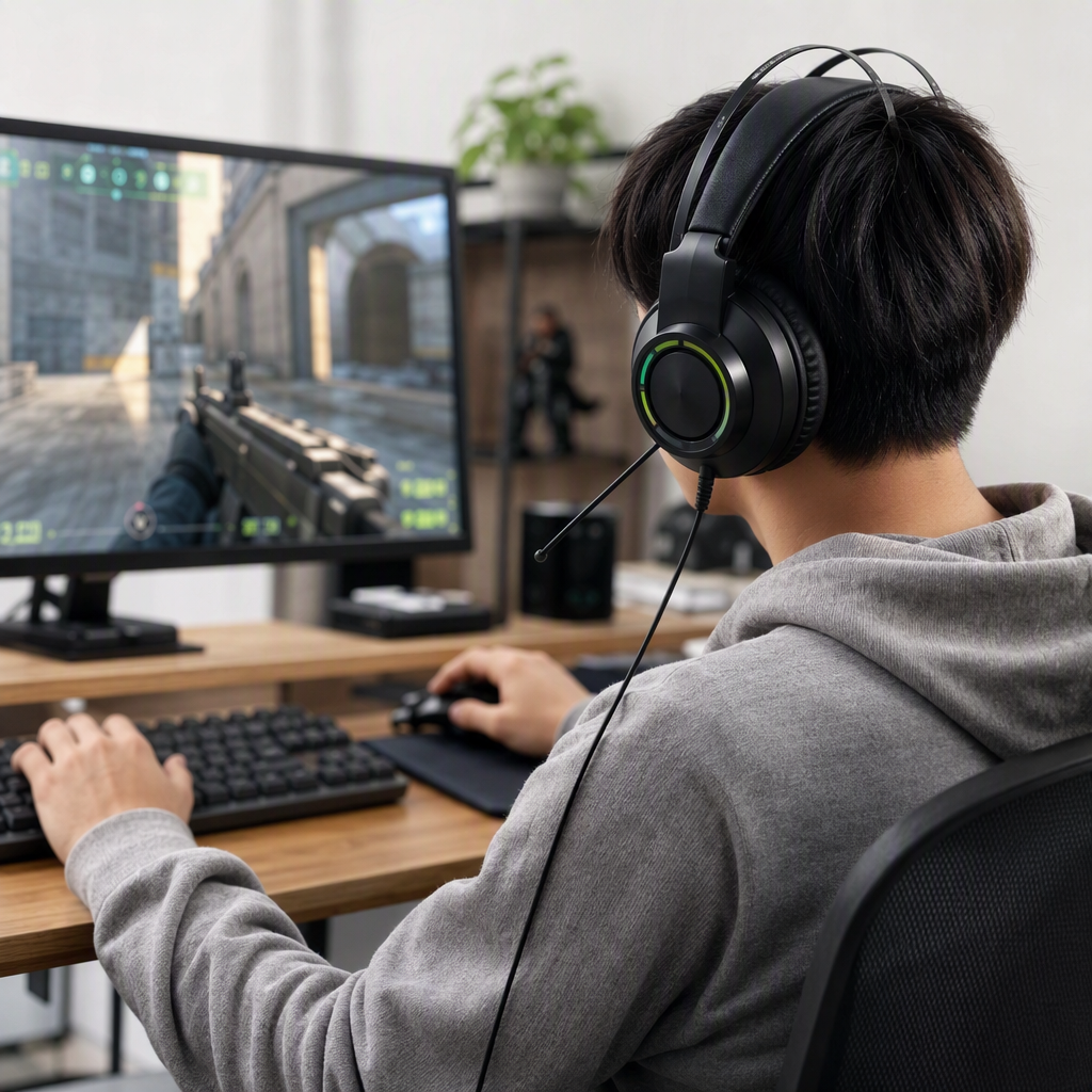 Professional e-sports over-ear wireless noise-cancelling headphones, black gaming headphones with microphone, long battery life, comfortable to wear details Picture