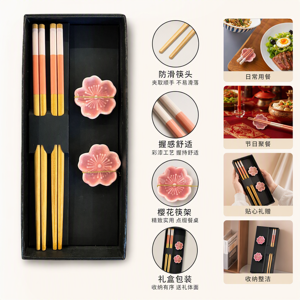 Two pairs of chopsticks in a black gift box, in the shape of cherry blossoms. The pillowcase is made of bamboo with a gradient of pink and orange. The pure bamboo design is exquisite and practical