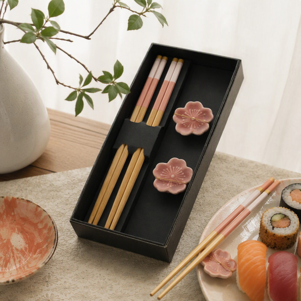 Two pairs of chopsticks in a black gift box, in the shape of cherry blossoms. The pillowcase is made of bamboo with a gradient of pink and orange. The pure bamboo design is exquisite and practical details Picture