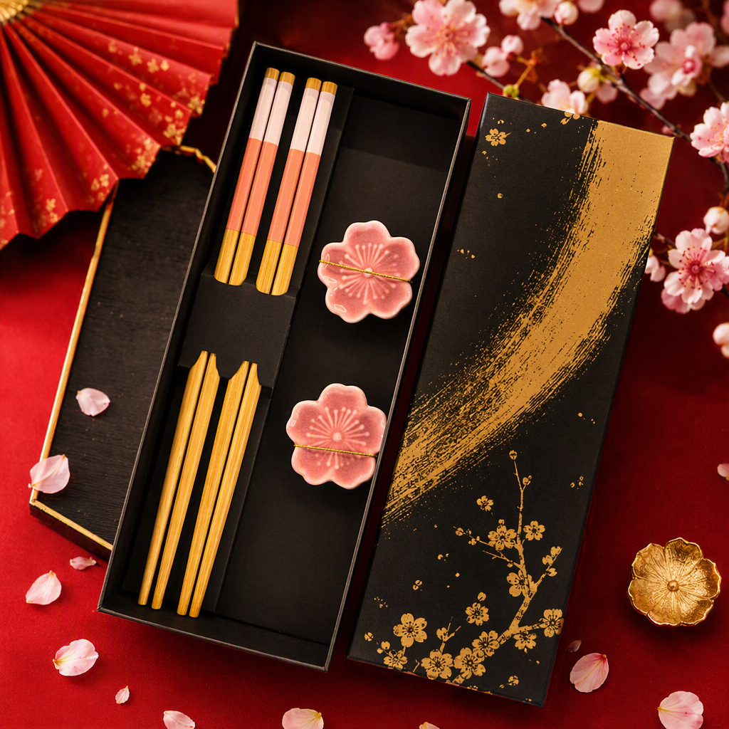 Two pairs of chopsticks in a black gift box, in the shape of cherry blossoms. The pillowcase is made of bamboo with a gradient of pink and orange. The pure bamboo design is exquisite and practical Specification image