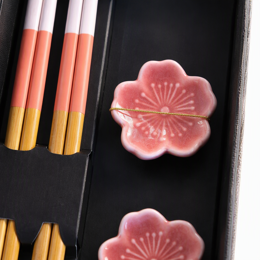 Two pairs of chopsticks in a black gift box, in the shape of cherry blossoms. The pillowcase is made of bamboo with a gradient of pink and orange. The pure bamboo design is exquisite and practical Application Scenario