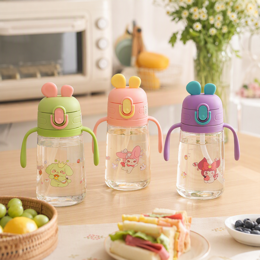 Colorido dibujos animados niños taza de agua conjunto de tres piezas bebé bebé bebé a prueba de fugas con pajita portátil agua juego details Picture